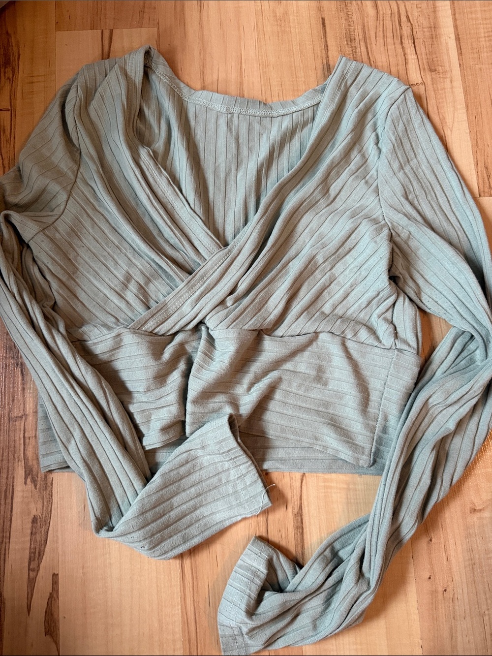 SHEIN Ribbed Wrap Long Sleeve Top - Sage Green